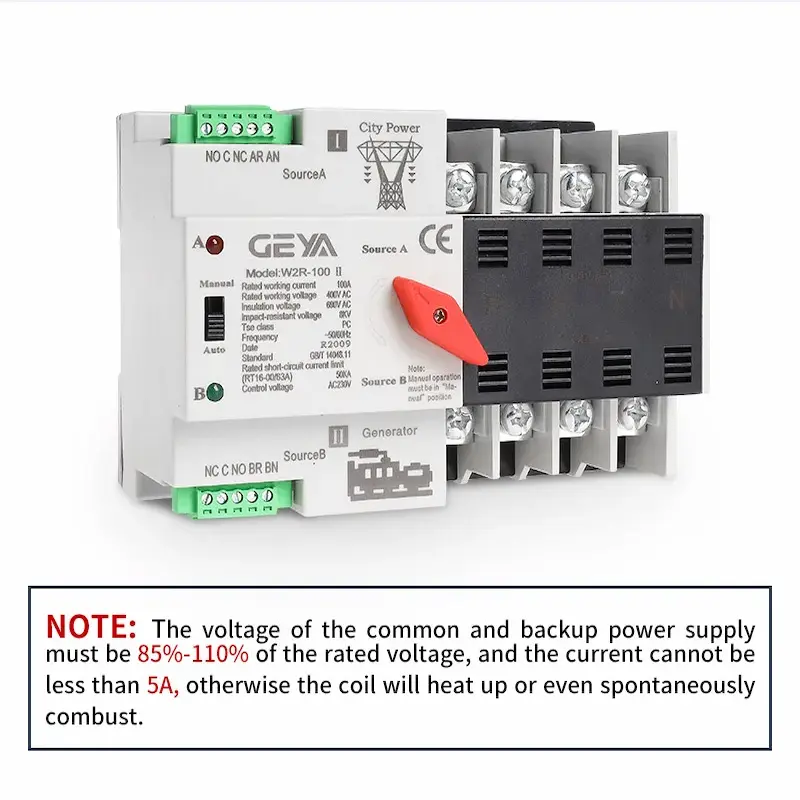 Close-up of the automatic transfer switch with a critical safety note about maintaining rated voltage between 85% to 110% in this GEYA W2R ATS Review.