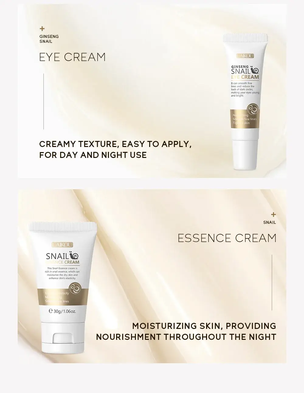 Ginseng Snail eye cream and essence cream for day and night use to nourish skin.
