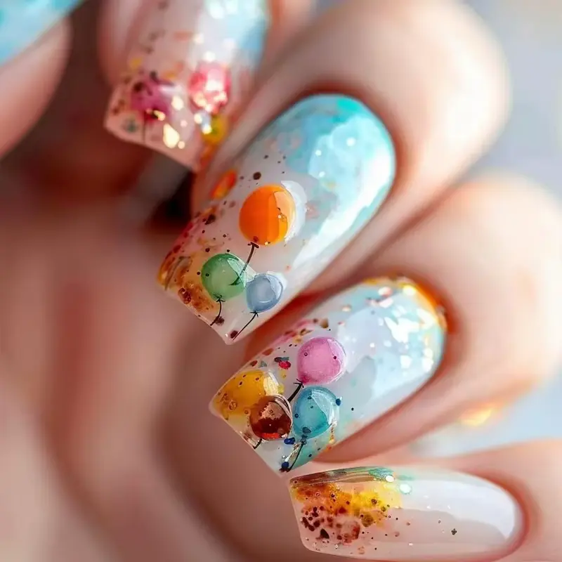 Vibrant balloon art on glitter ballet press on nails showcased in our acrylic nail kit review.