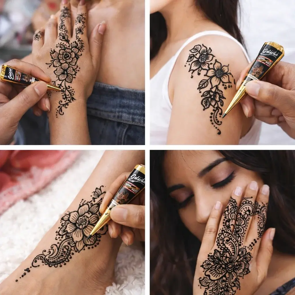 Golecha black henna cone being used to create floral designs on hand, shoulder, and foot.