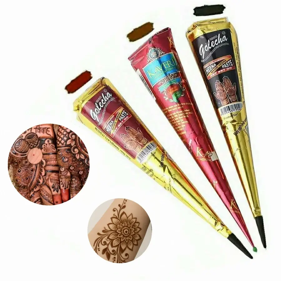 Multiple shades of henna cones including Golecha black, maroon, and Kaveri natural brown henna.