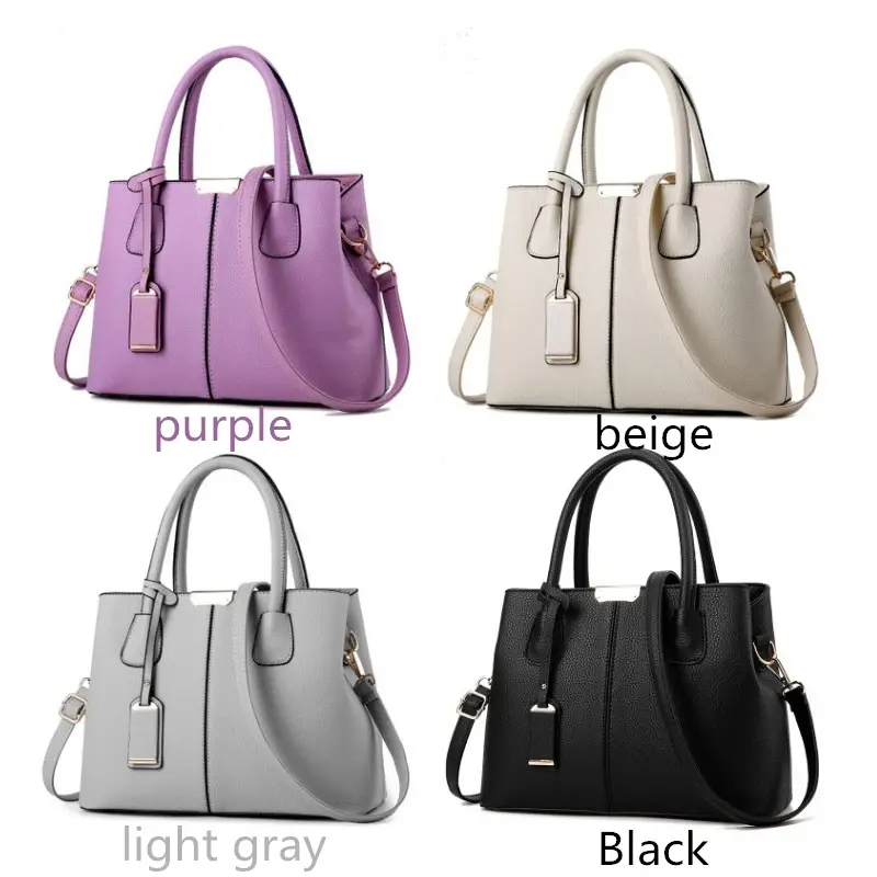 Multiple color options for women's handbags: Purple, Beige, Light Gray, and Black