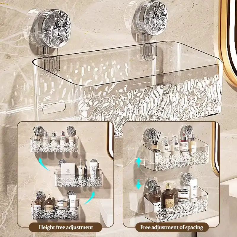 Clear rectangular containers arranged at different heights on a grey tiled bathroom wall.