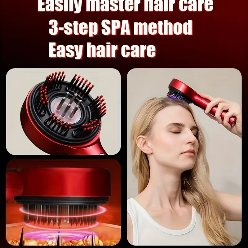 Woman demonstrating a 3-step home hair spa method using an electric scalp massager comb.