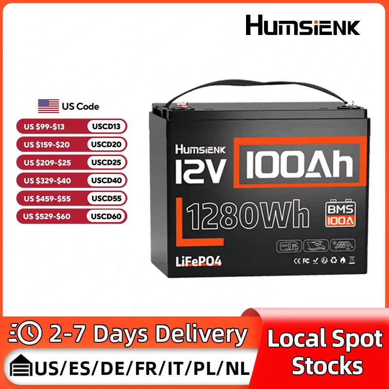 Humsienk 12V 100Ah 1280Wh LiFePO4 battery with US discount codes and delivery info.