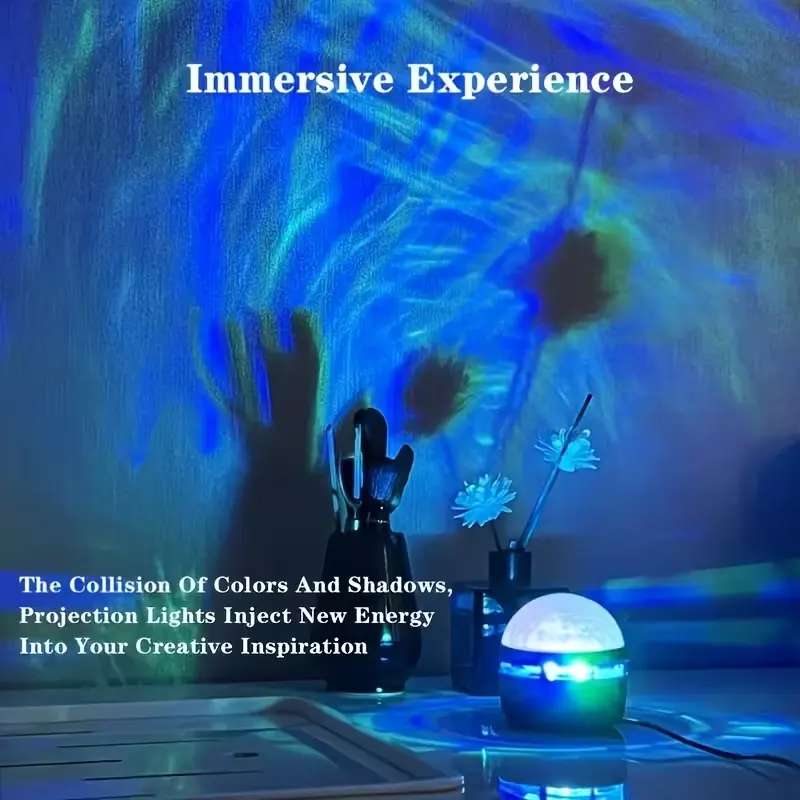 Close-up of immersive light and shadow effects from a portable projection lamp.