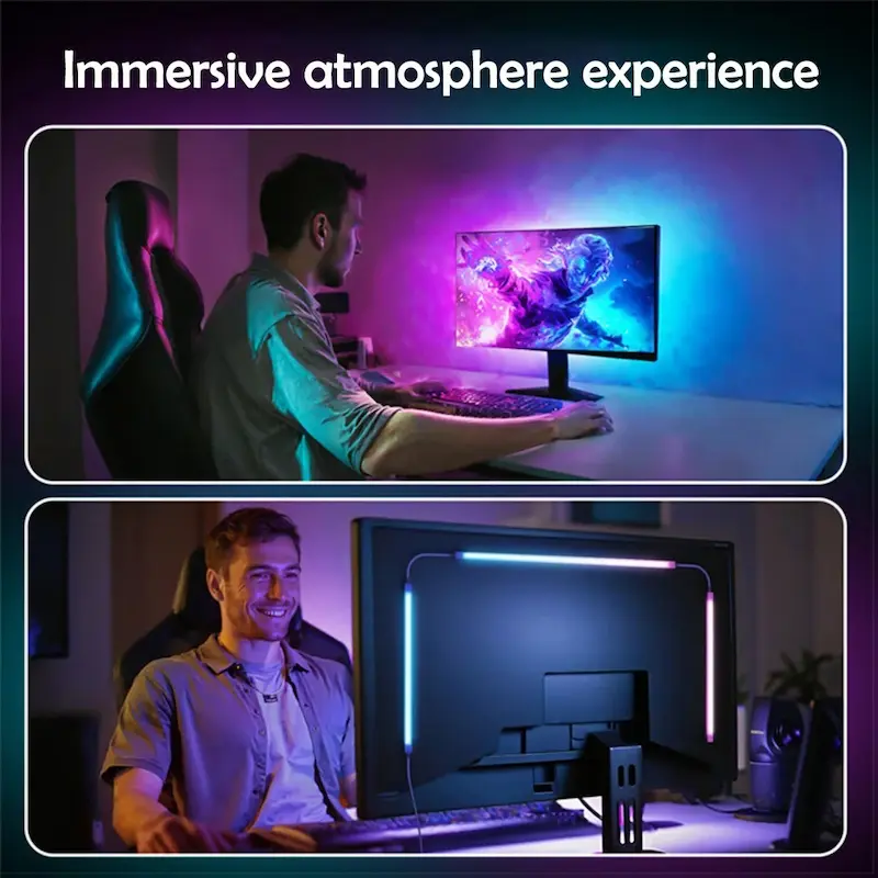 Gamer enjoying an immersive room experience with RGB backlight strip behind monitor