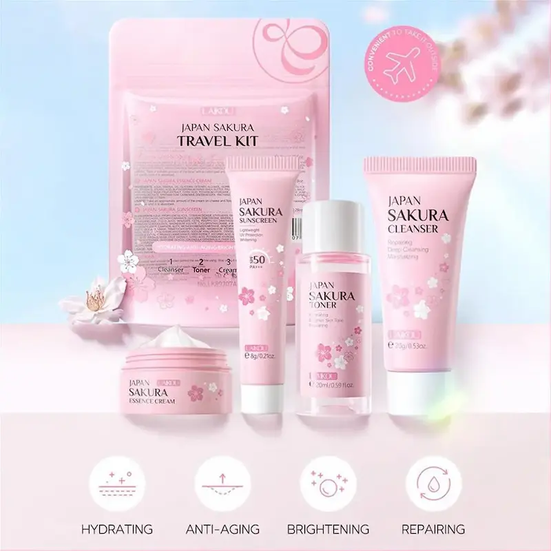 Laikou Japan Sakura 4 pieces travel kit featuring cleanser, toner, essence cream, and sunscreen.