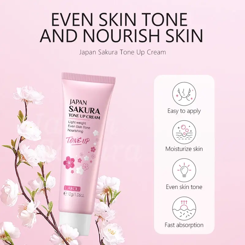 Laikou Japan Sakura Tone Up Cream tube displayed with skin benefits like moisturizing, evening skin tone, and fast absorption.