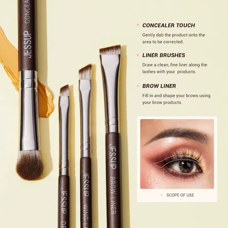 Close-up of fine-tip brow liners and concealer touch-up tools with a guide diagram for precise application.