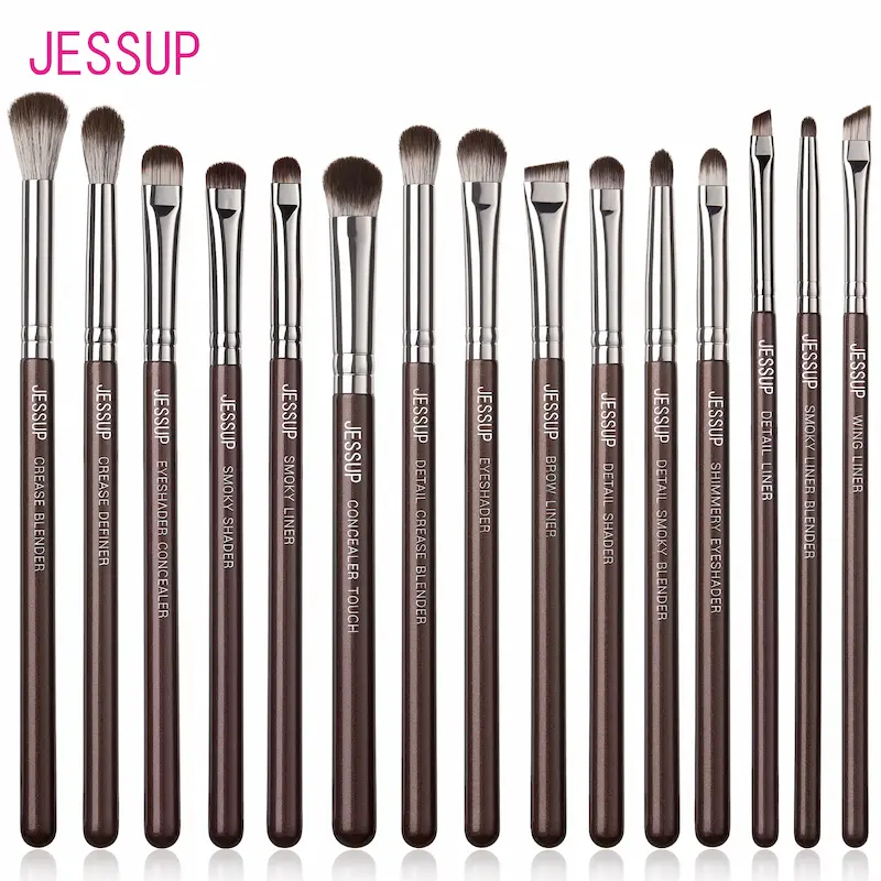 A complete 15pcs Jessup Eye Makeup Brushes set with brown handles lined up vertically against a white background.