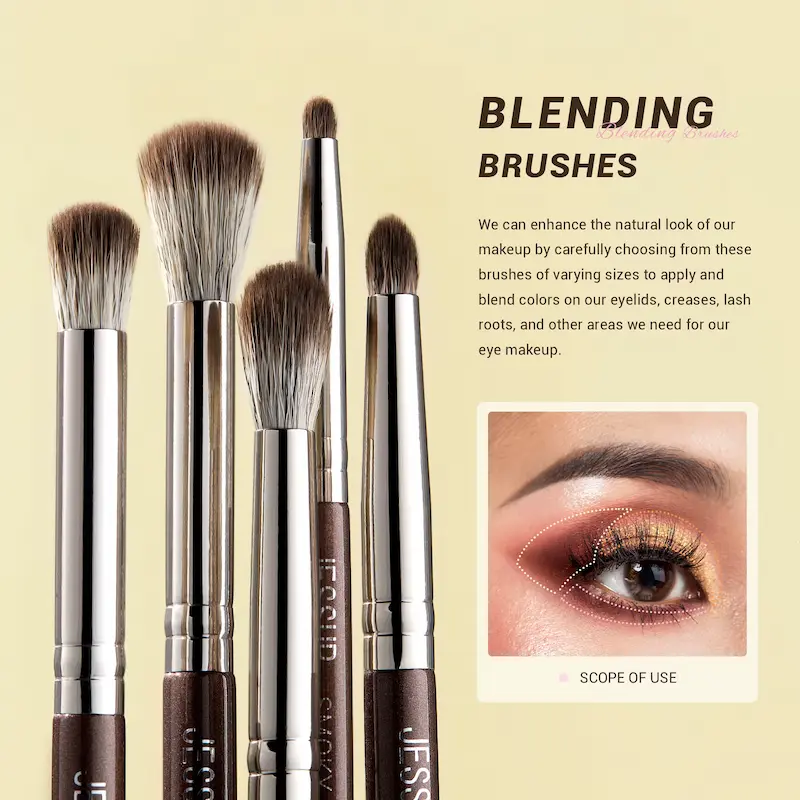 Close-up view of four soft blending tools from the Jessup Eye Makeup Brushes collection showing high-quality bristles.