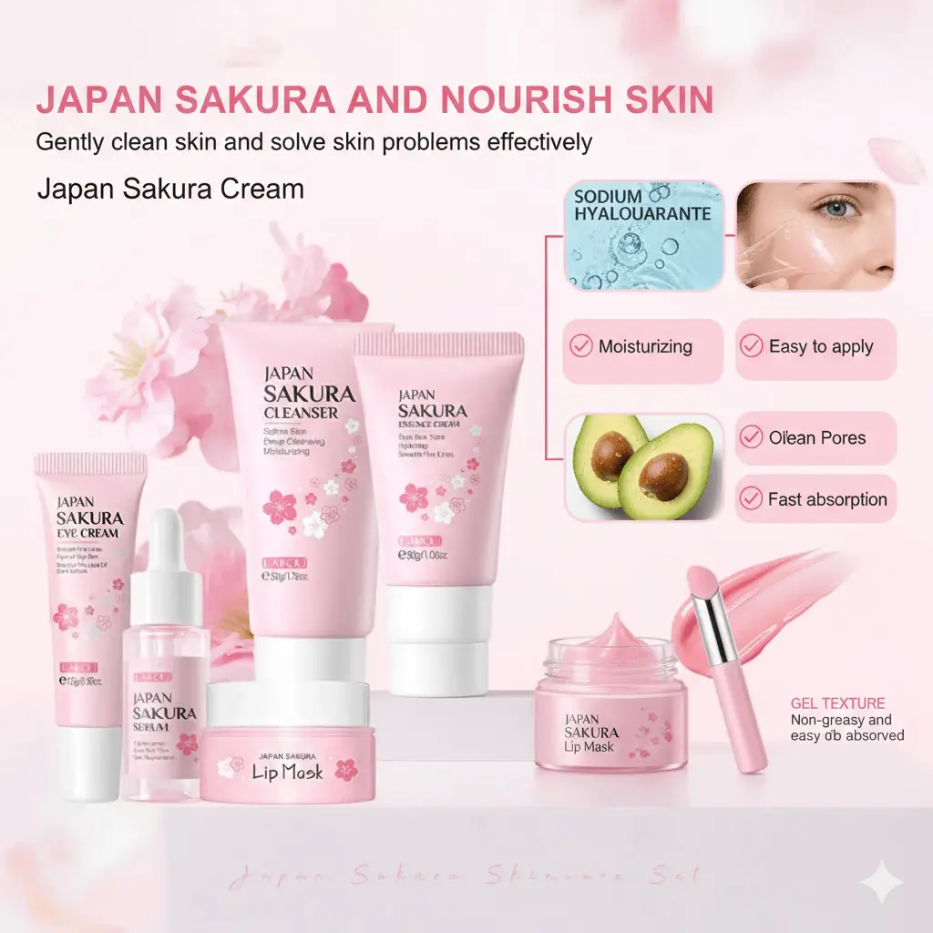 A comprehensive display of the Japan Sakura skincare collection including cleanser, serum, eye cream, lip mask, and moisturizing benefits.
