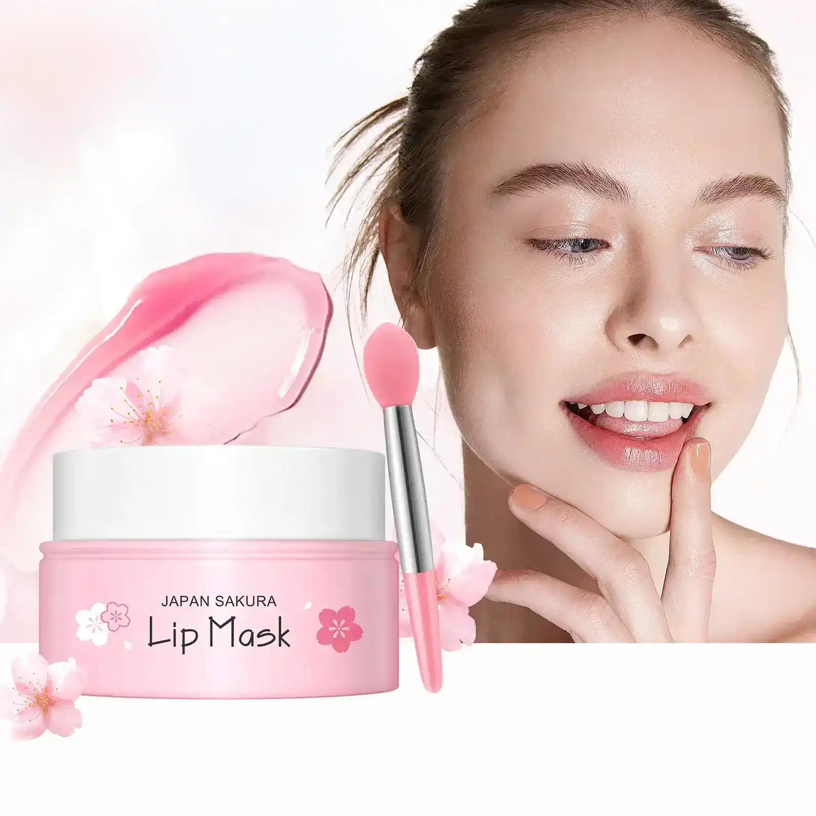 A pink jar of Japan Sakura Lip Mask shown with an application brush and a woman smiling with hydrated lips.