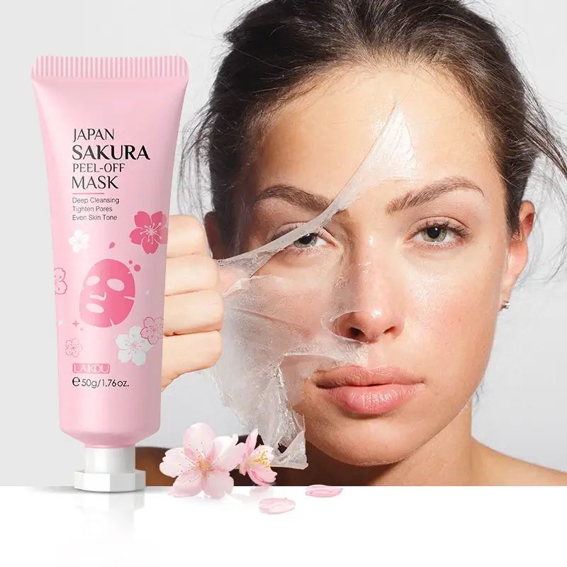A woman peeling off a Laikou Japan Sakura peel-off mask from her face to show deep cleansing and skin tightening effects.