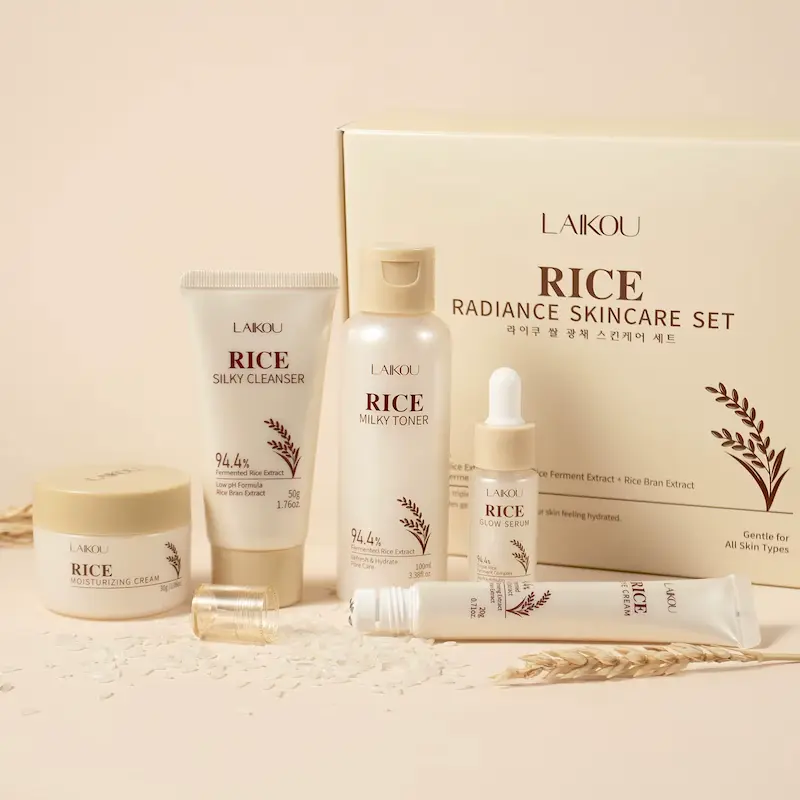 The complete product lineup featured in our LAIKOU Rice Skincare Review displayed next to its original box.