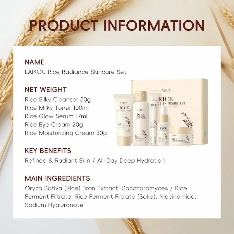 Product information label detailing net weights, key benefits, and main ingredients like Niacinamide and Sodium Hyaluronate.