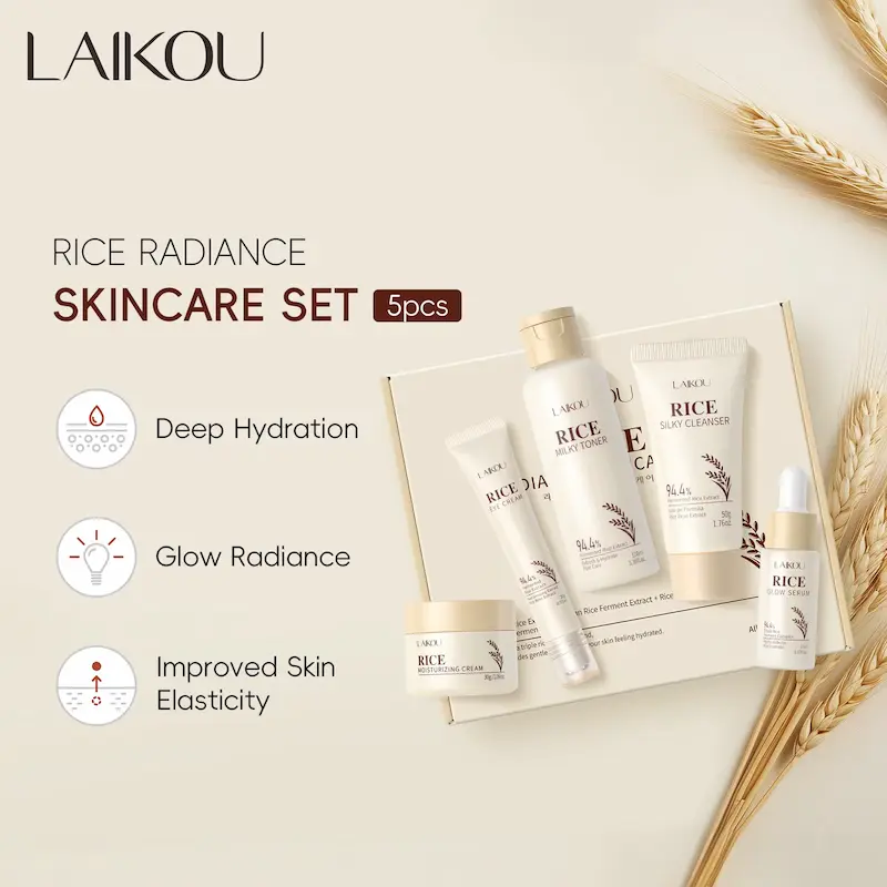 A detailed LAIKOU Rice Skincare Review highlighting deep hydration, glow radiance, and improved skin elasticity benefits.
