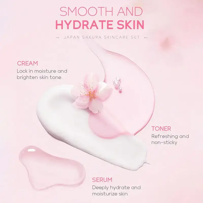 Smooth and hydrating textures of cream, toner, and serum from the cherry blossom beauty line.