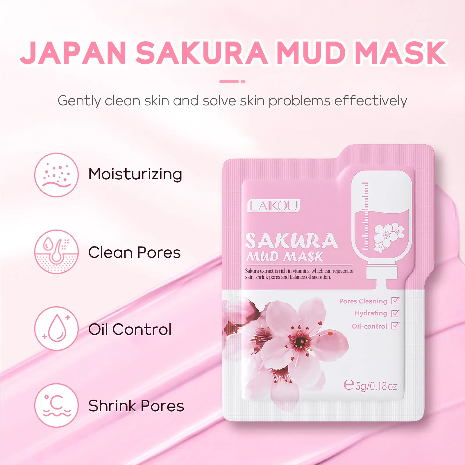 Infographic of Japan Sakura Mud Mask showing benefits: Moisturizing, Clean Pores, Oil Control, and Shrink Pores.