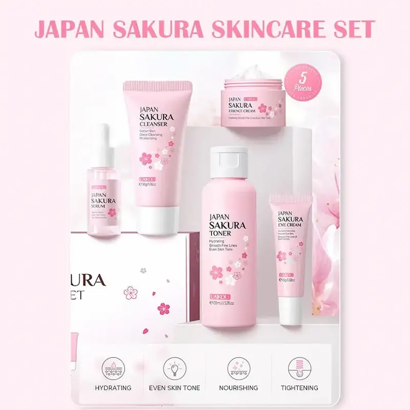 Complete 5-piece Japan Sakura Skincare Set featuring cleanser, toner, serum, eye cream, and essence cream.