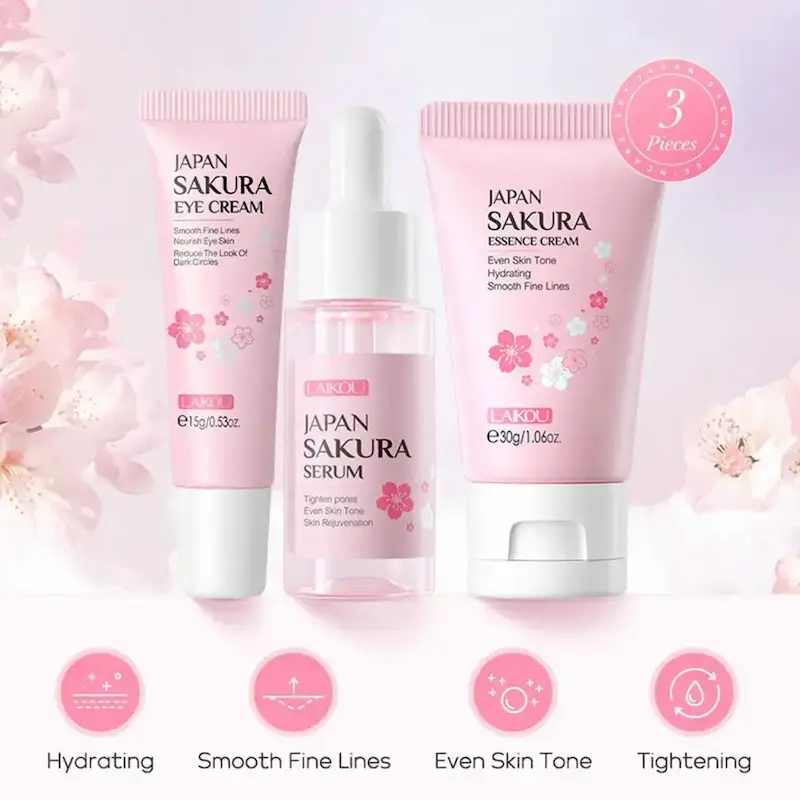 The 3-piece Japan Sakura Skincare Set including eye cream, serum, and essence cream.