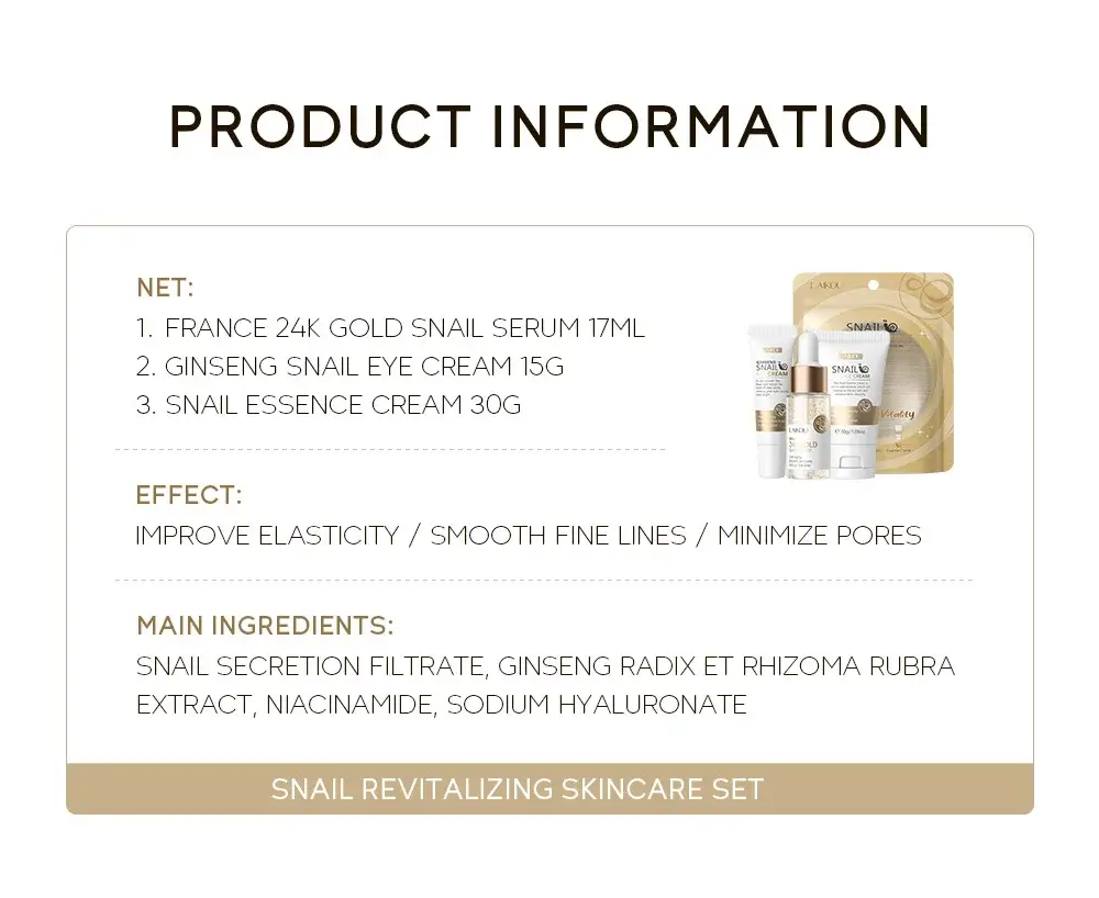 Snail set ingredients list including Niacinamide, Ginseng Radix, and Sodium Hyaluronate.