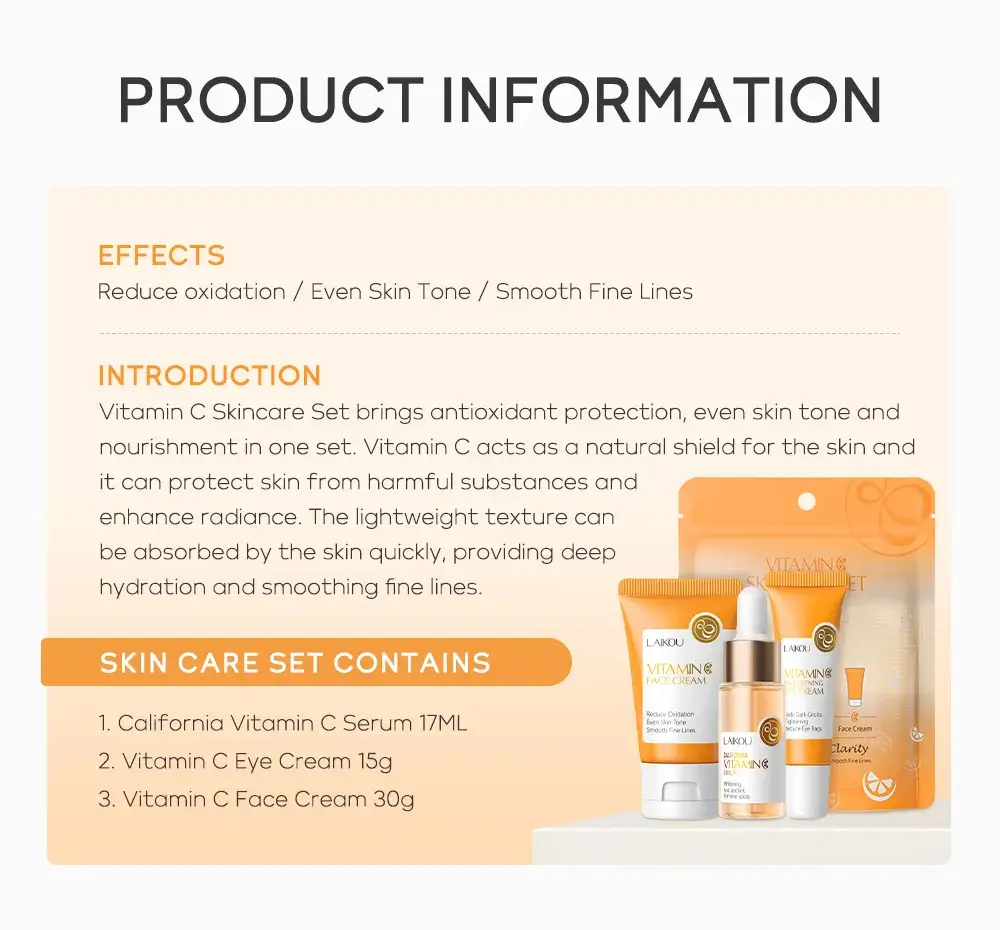 LAIKOU Vitamin C skin care set contains 17ml serum, 15g eye cream, and 30g face cream.