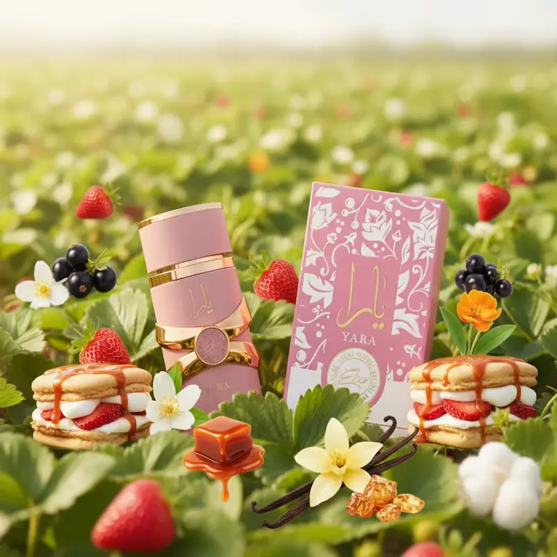 Lattafa Yara Elixir Review showing the pink perfume bottle surrounded by strawberries, caramel, and vanilla notes in a green field.