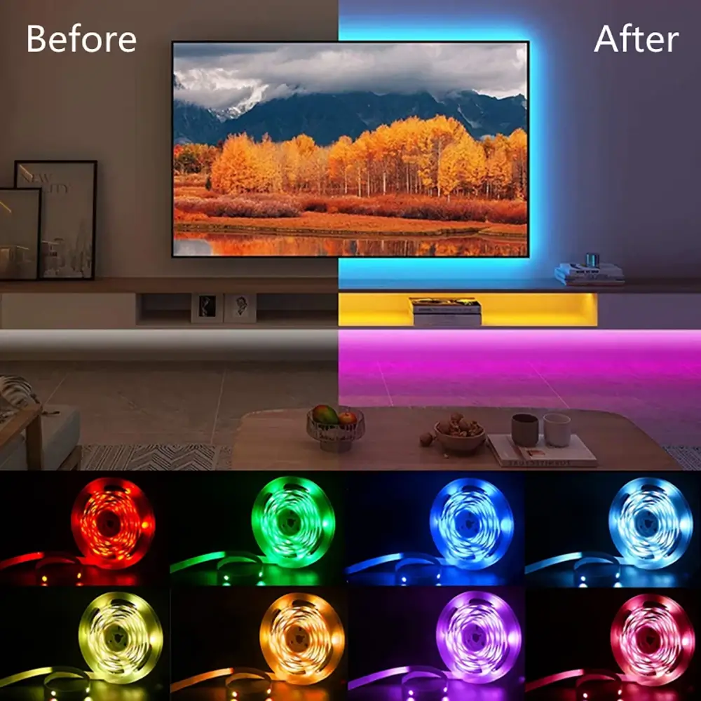 Room aesthetic transformation comparison showing before and after installing RGB LED strip lights.