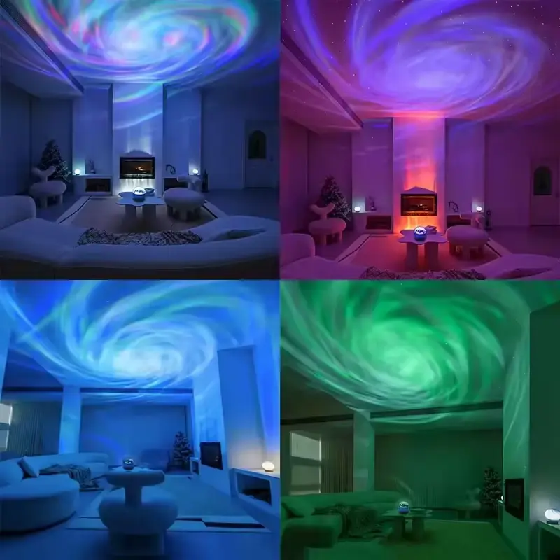 Four-panel view of a living room illuminated by a star projector in blue, purple, green, and multi-color modes.