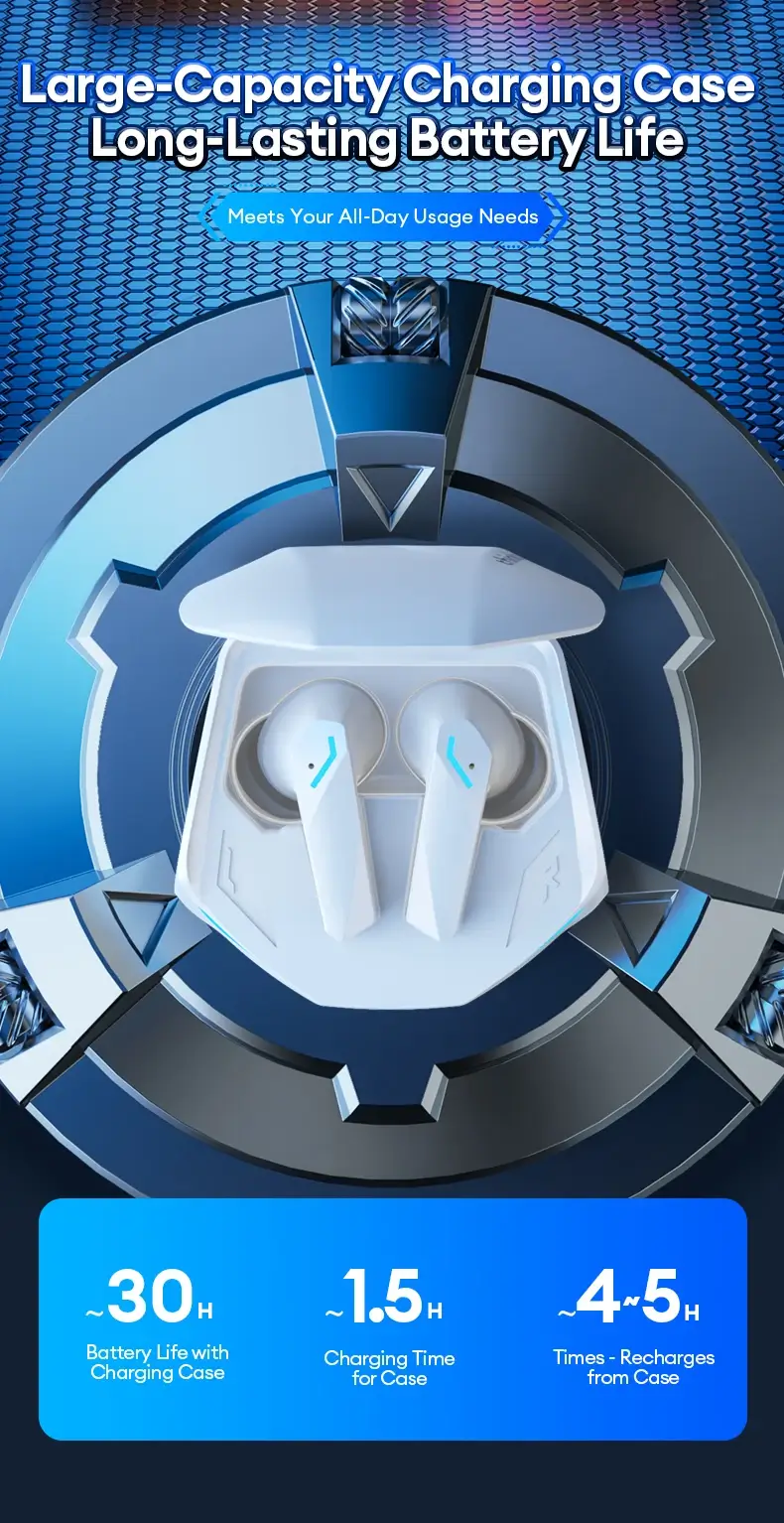 Large capacity charging case of Lenovo earbuds offering up to 30 hours battery life