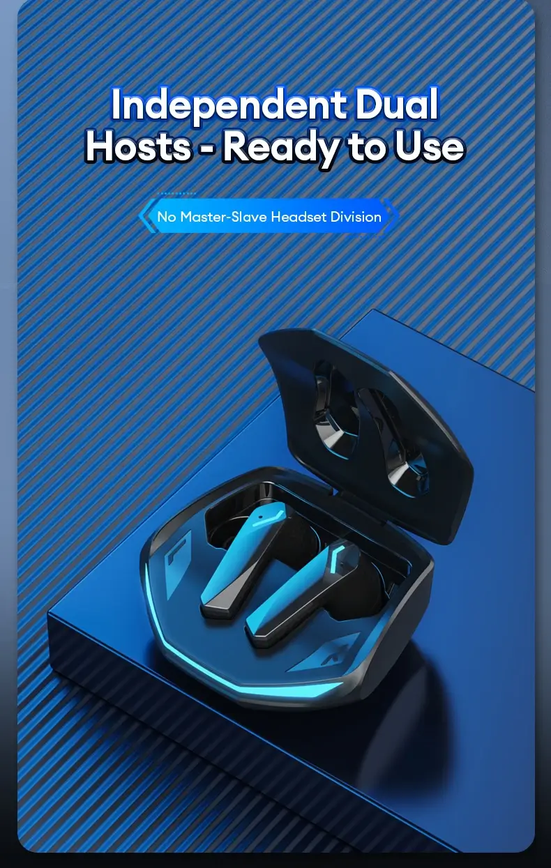 Black Lenovo Thinkplus gaming earbuds showing independent dual hosts feature in charging case