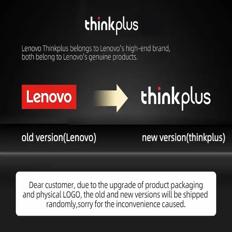 Lenovo to Thinkplus brand upgrade notice explaining the packaging change for genuine products.