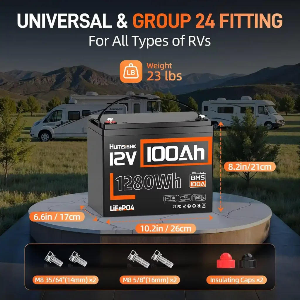 Dimensions of Humsienk 12V 100Ah battery (10.2x6.6x8.2 inches) for RV and marine use.