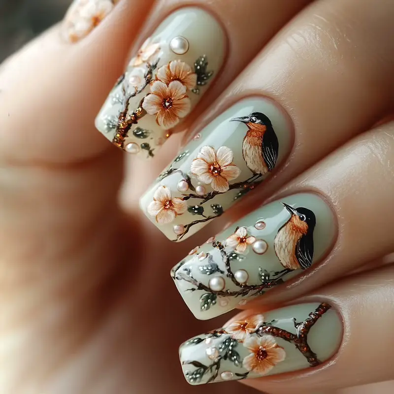 Elegant long coffin false nails finished with beautiful bird and flower paintings.