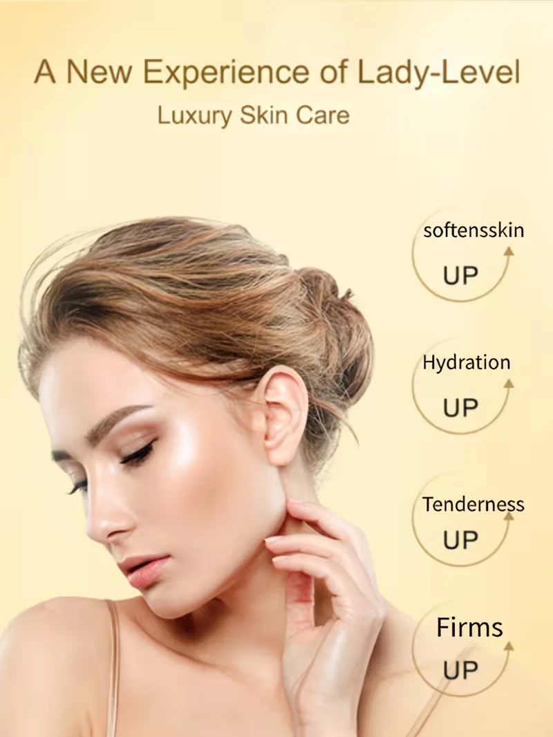 A woman with glowing skin highlighting benefits like hydration, firmness, and softness from luxury skincare.