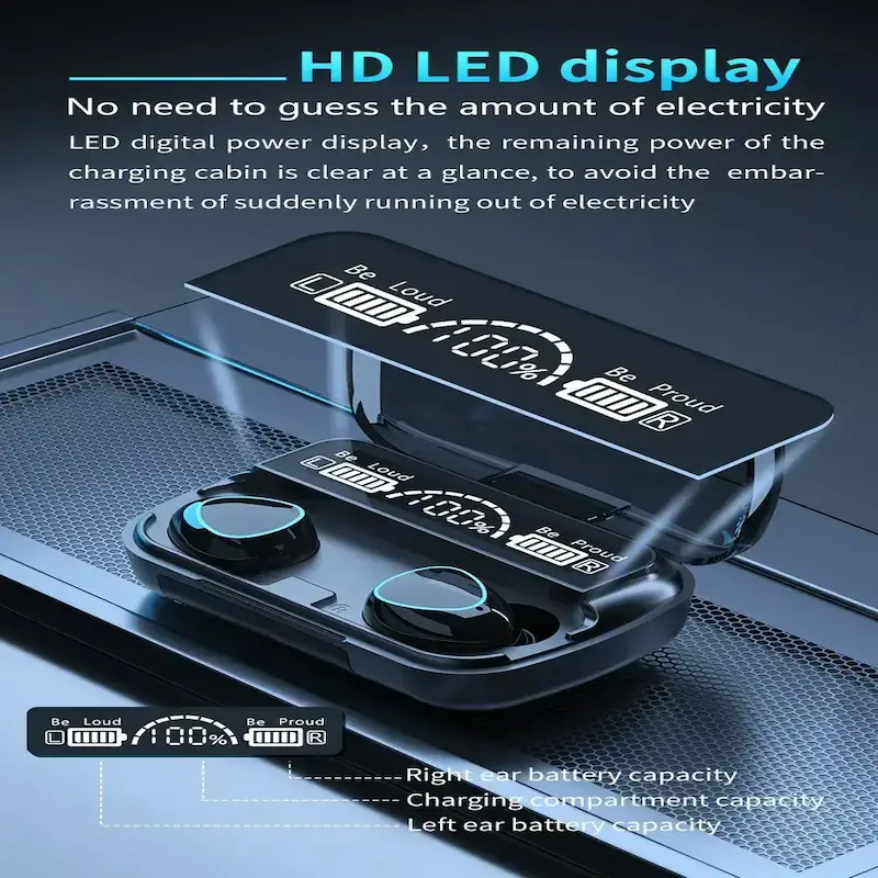 Detailed view of HD LED display for M10 Wireless Earbuds Review.