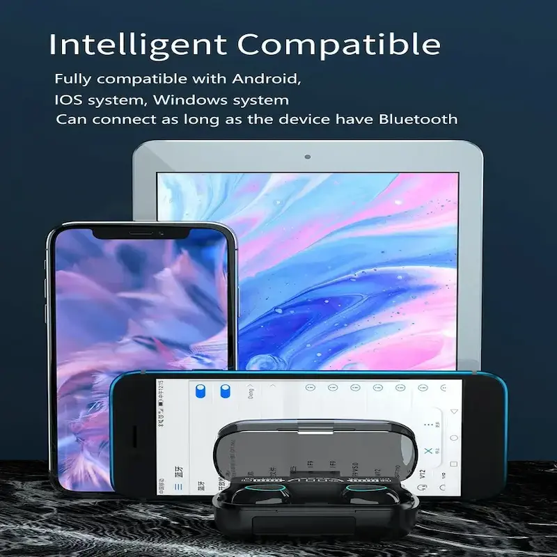 M10 Wireless Earbuds Review demonstrating universal intelligent compatibility with Android iOS and Windows.
