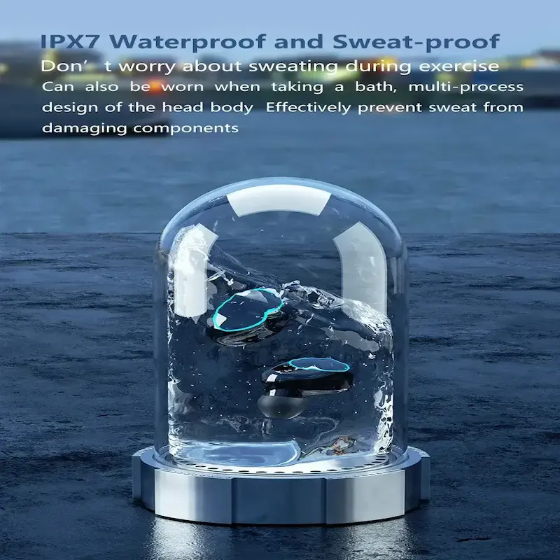 Waterproof audio electronics submerged inside a glass dome filled with water bubbles.
