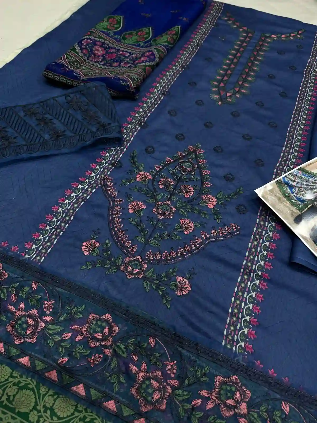 Printed Chiffon Dupatta and Navy Blue Embroidered Lawn Shirt