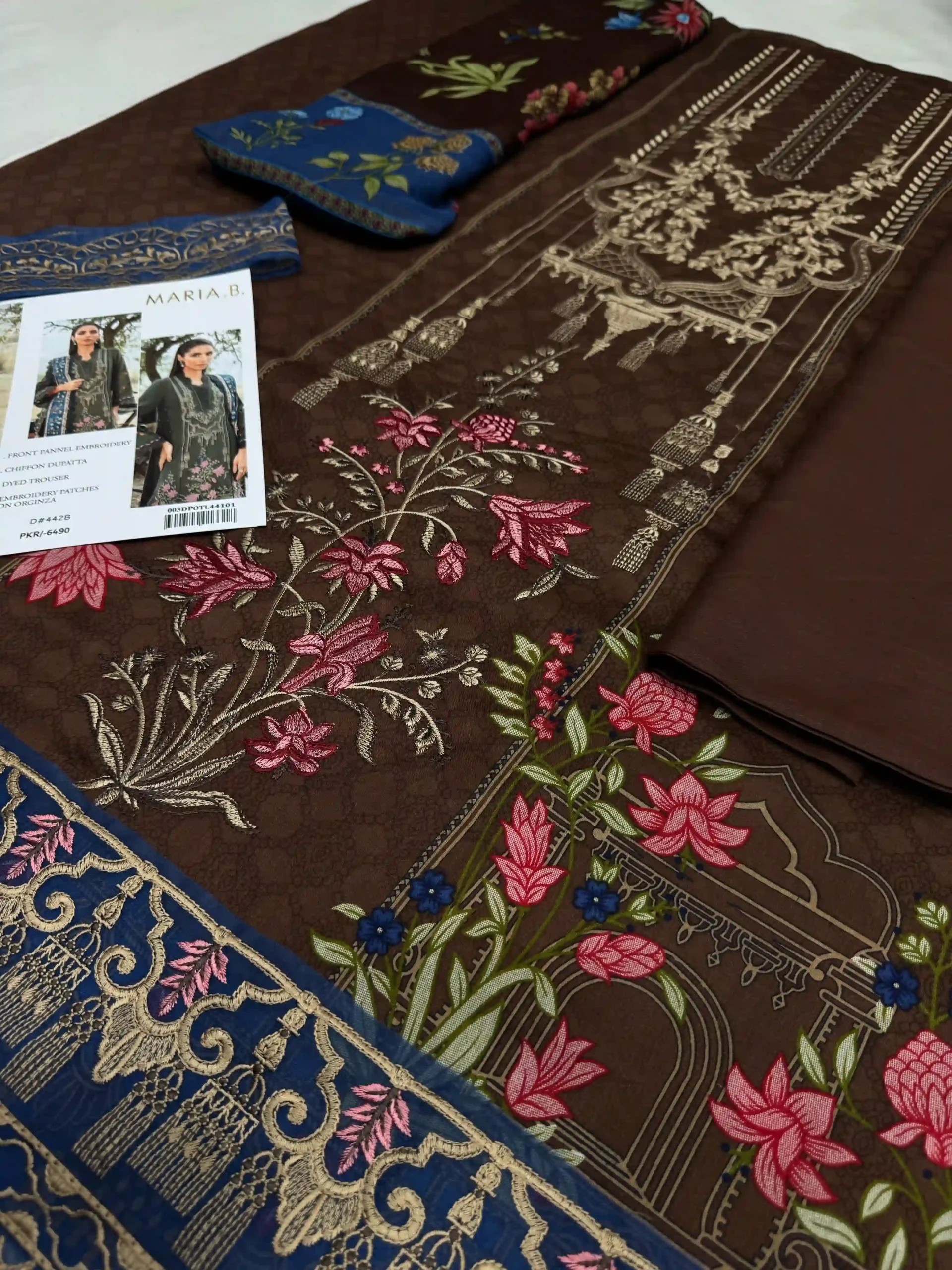 Maria.B Brown Lawn Organza Embroidered Patches Detail