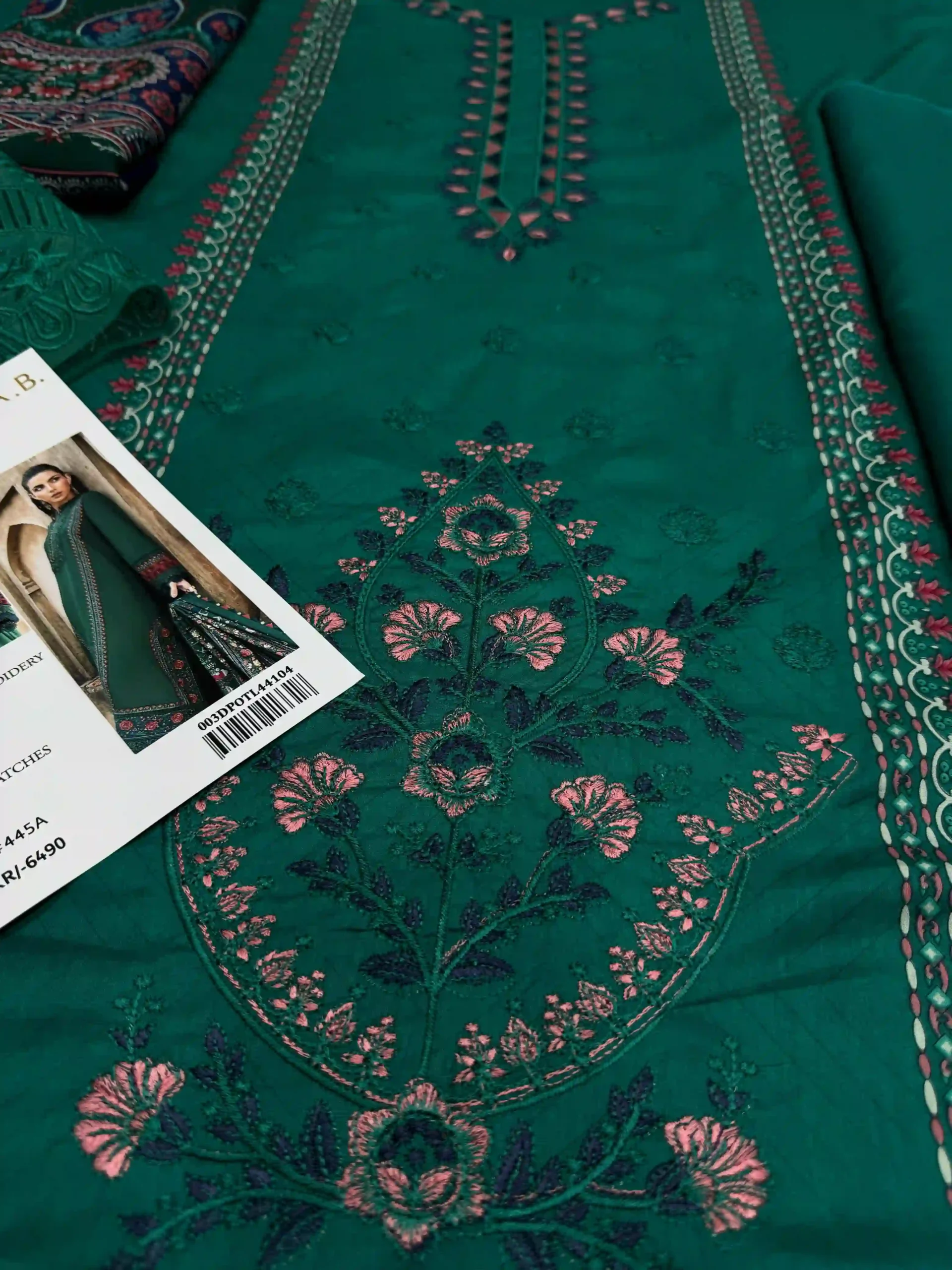 Close-up of Emerald Green Maria.B Embroidered Front Panel