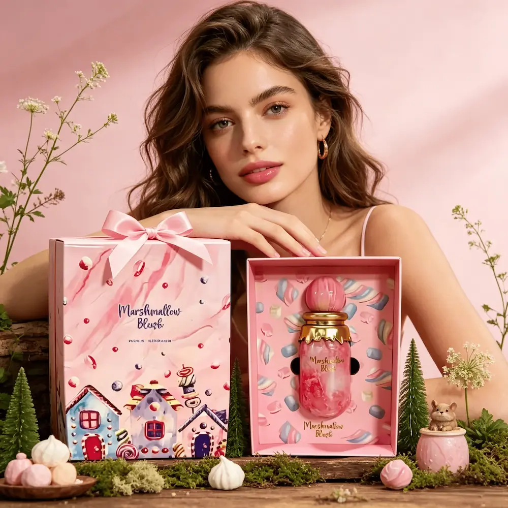 A beautiful woman posing with the long-lasting sweet Marshmallow Blush perfume for women.