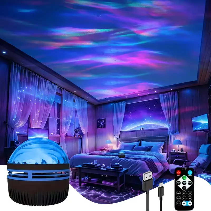Modern bedroom decorated with high-quality galaxy ceiling lights and star projector.