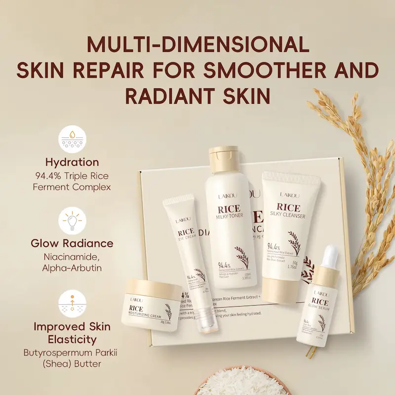 Five skincare products arranged on a gift box with text detailing skin repair ingredients like Alpha-Arbutin and Shea Butter.