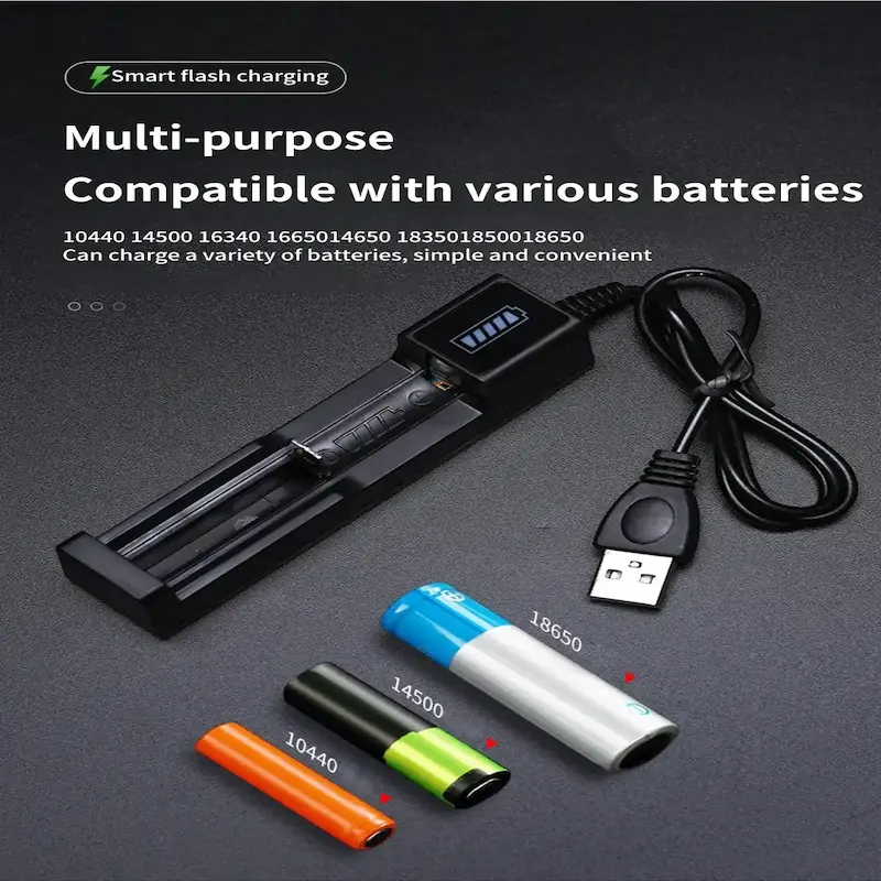 Best Smart Battery Charger compatible with 10440, 14500, 16340, and 18650 lithium rechargeable batteries.