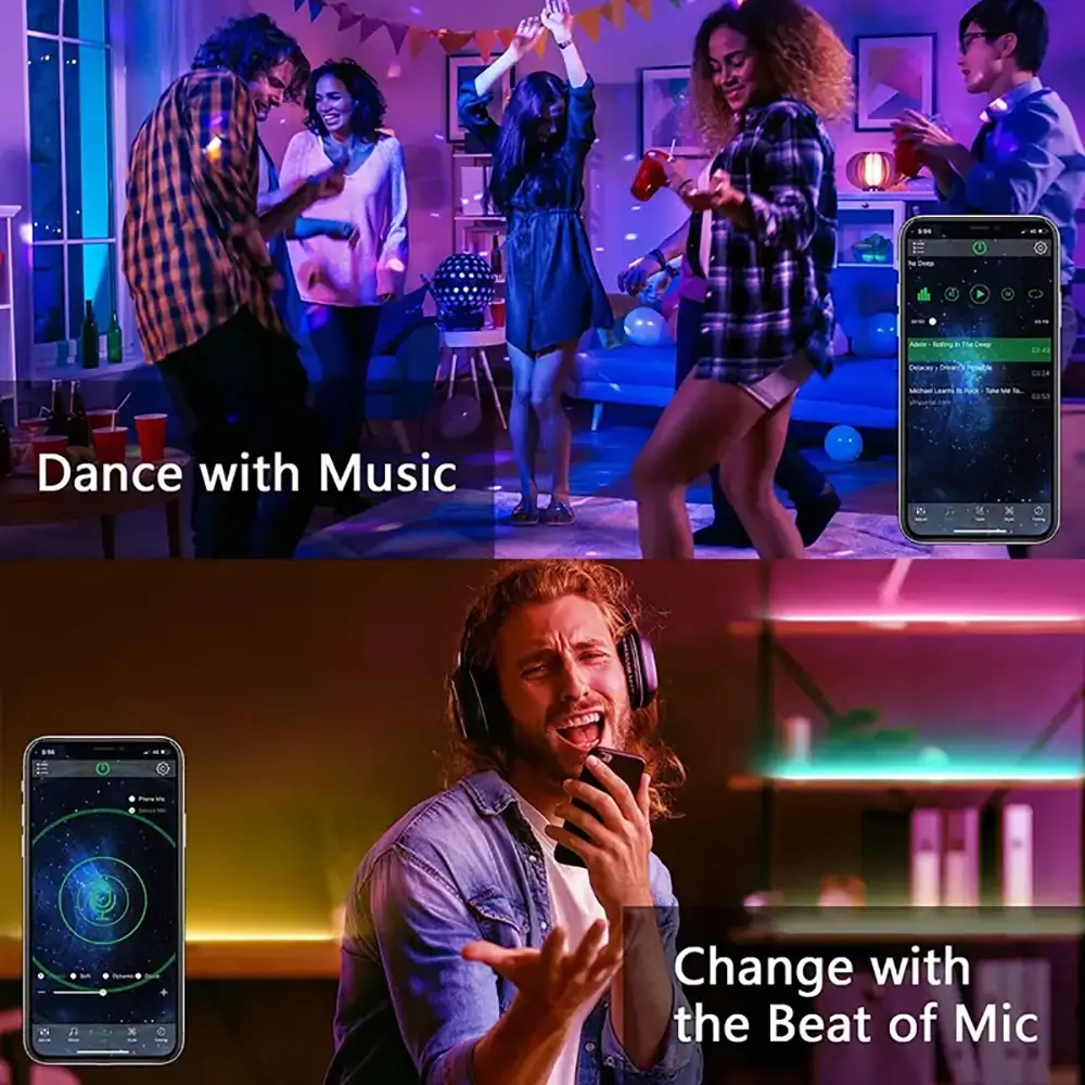 RGB LED strip lights with music sync mode and built-in mic for party atmosphere controlled by smartphone app.
