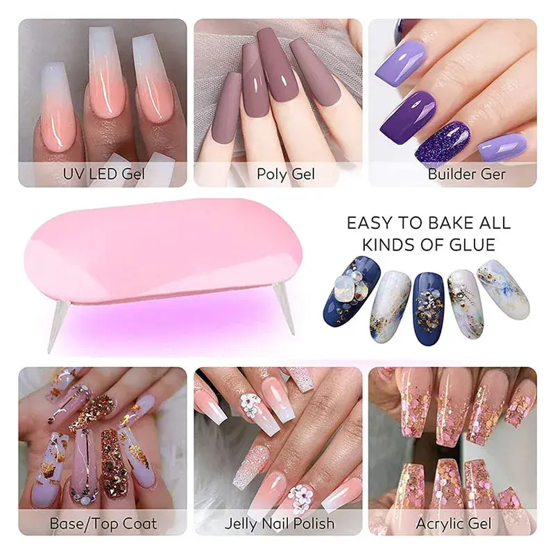Infographic displaying different nail extension methods: UV LED Gel, Poly Gel, Builder Gel, Jelly Nail Polish, and Acrylic Gel with a mini UV lamp.