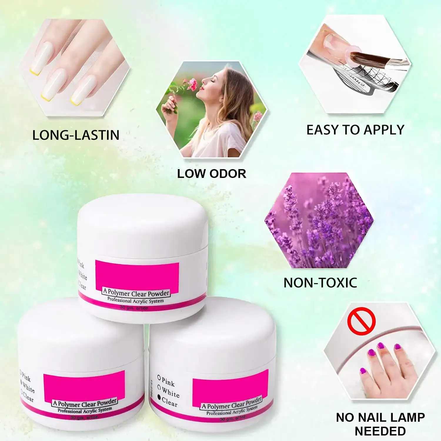 Product feature graphic for acrylic powder highlighting benefits like low odor, non-toxic formula, and no UV lamp required for curing.